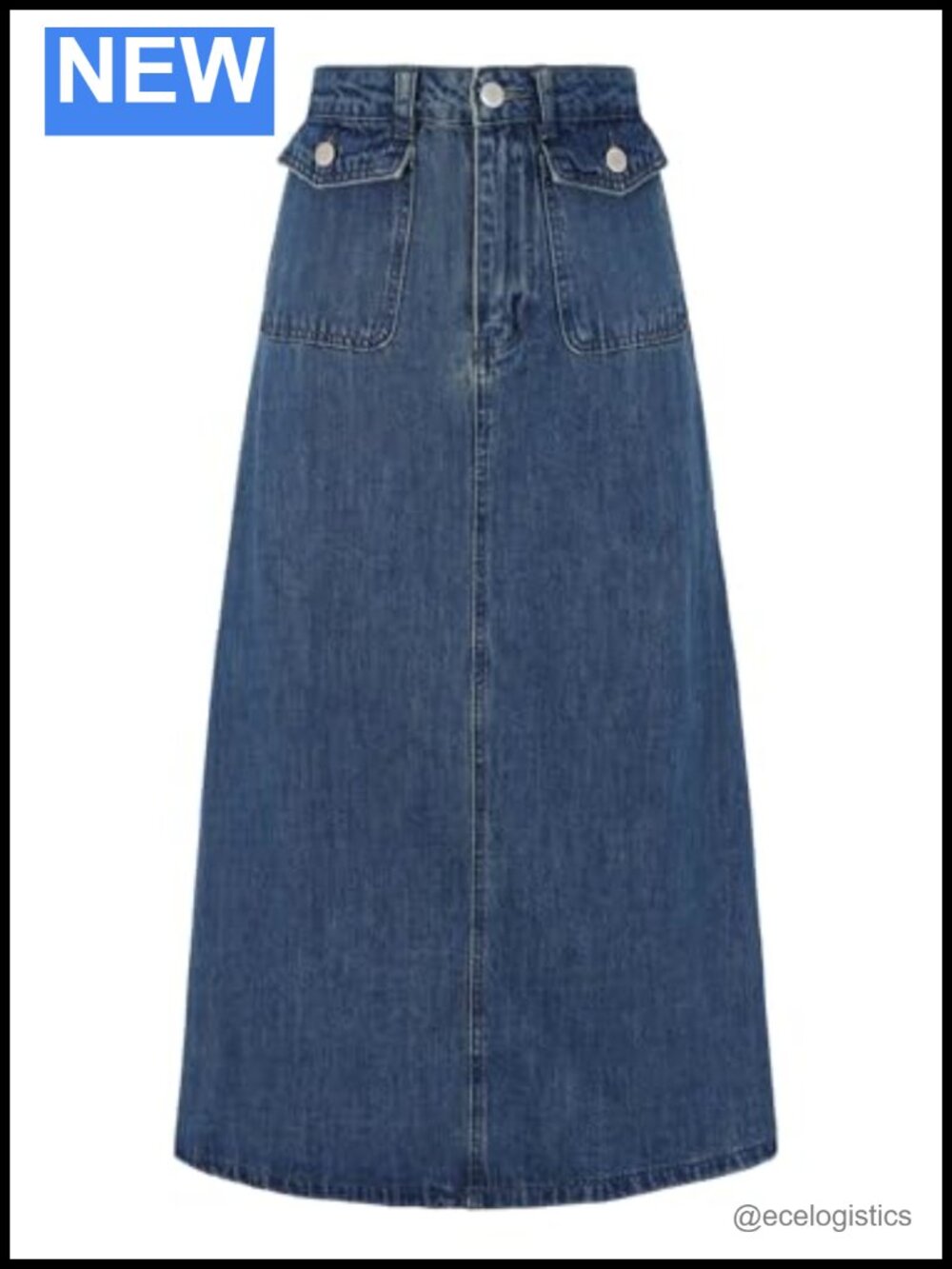 High Waisted A-Line Midi Jean Skirt with Flap Pockets